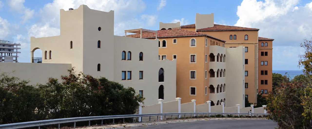 Warm-toned facades and contrasting architectural features.